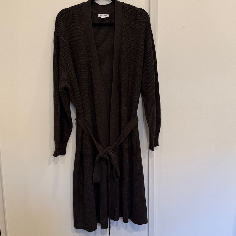 Athleta Dark Brown Wool Long Tie Cardigan